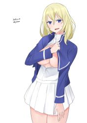 Rule 34 | 1girl, absurdres, bc freedom military uniform, bc freedom school uniform, blonde hair, blue eyes, blue jacket, breasts, cleavage, commentary request, cowboy shot, dated, dress shirt, embarrassed, girls und panzer, highres, irukatto, jacket, large breasts, medium hair, messy hair, open clothes, open shirt, oshida (girls und panzer), school uniform, shirt, skirt, solo, sweatdrop, twitter username, white background, white skirt