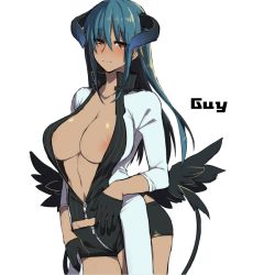 Rule 34 | 1girl, areola slip, bad id, bad pixiv id, black wings, blue hair, blush, breasts, brown eyes, demon girl, demon horns, demon tail, female focus, horns, large breasts, long hair, low wings, oshiruko (tsume), short shorts, shorts, simple background, solo, tail, unzipped, white background, wings, zipper