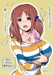 Rule 34 | 10s, 1girl, abe inori, bare shoulders, blue ribbon, blush, breast hold, breasts, brown eyes, brown hair, check translation, cleavage, idolmaster, idolmaster cinderella girls, jewelry, large breasts, long sleeves, looking at viewer, necklace, open mouth, ribbon, solo, sweat, totoki airi, translation request, twintails