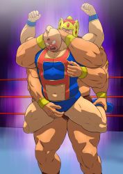 Rule 34 | 2boys, abs, abs cutout, absurdres, ashuraman, bara, blush, bulge, commission, crotch grab, crown, extra arms, full body, highres, kinnikuman, kinnikuman (character), large pectorals, lips, male focus, mk 29, multiple boys, muscular, muscular male, navel, nipple stimulation, nipple tweak, pectoral cleavage, pectorals, pixiv commission, standing, stomach, sweat, thick thighs, thighs, wrestling outfit, wrestling ring, yaoi