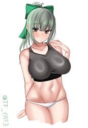 Rule 34 | 1girl, ahoge, alternate breast size, alternate costume, bare shoulders, black tank top, blush, bow, breasts, brown eyes, collarbone, commentary request, cowboy shot, green bow, green hair, hand on own shoulder, highres, kantai collection, large breasts, looking at viewer, medium hair, navel, panties, parted lips, shiny clothes, simple background, solo, tank top, tf cafe, twitter username, underwear, white background, white panties, yuubari (kancolle)