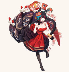 Rule 34 | 1girl, animal ear fluff, animal ears, azur lane, bell, black hair, black pantyhose, bob cut, breasts, cat ears, cat tail, choker, cleavage, commentary, dress, evening gown, fang, flower, frilled dress, frills, full body, grey background, hair flower, hair ornament, high heels, highres, large breasts, looking at viewer, open mouth, pantyhose, paw pose, pumps, rain lan, red dress, red eyes, short hair, simple background, solo, standing, standing on one leg, tail, tail bell, tail ornament, white background, yamashiro (azur lane), yamashiro (dressy black cat) (azur lane)
