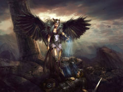 Rule 34 | 1girl, 2boys, armor, armored boots, arrow (projectile), blonde hair, boots, chainmail, corpse, feathered wings, grey hair, helmet, highres, holding, holding polearm, holding weapon, light rays, magic, mountain, mountainous horizon, multiple boys, original, overcast, pablofernandezartwrk, pillar, polearm, scale armor, shield, sky, spear, sunbeam, sunlight, sword, valkyrie, weapon, white eyes, winged helmet, wings