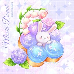 Rule 34 | artist name, chocomiruki, commentary, dew drop, doughnut, english text, flower, flower request, food, food focus, grid background, leaf, lily of the valley, looking at viewer, no humans, original, pink flower, purple background, purple flower, rabbit, simple background, sparkle, spring (season), water drop, zoom layer