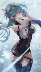 Rule 34 | 1girl, absurdres, bare shoulders, black gloves, black hairband, blue eyes, blue hair, blue necktie, boots, breasts, commentary, covered navel, eula (genshin impact), floating hair, genshin impact, gloves, hair ornament, hairband, hand up, highres, large breasts, long hair, looking at viewer, necktie, parted lips, rhtkd, snowflakes, solo, standing, thigh boots