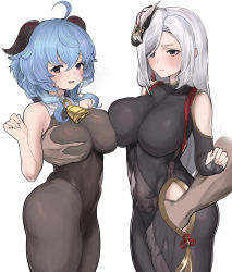 Rule 34 | 1boy, 2girls, absurdres, ahoge, arm up, bad id, bad pixiv id, bell, black legwear, blue eyes, blue hair, bodysuit, breast press, breasts, chroong, clothing cutout, ffm threesome, frown, ganyu (genshin impact), genshin impact, goat horns, grabbing, grabbing another&#039;s breast, group sex, hair between eyes, hair ornament, hand on another&#039;s thigh, hand under clothes, highres, horns, large breasts, long hair, looking at viewer, looking away, multiple girls, neck bell, open mouth, pantyhose, purple eyes, shenhe (genshin impact), shoulder cutout, silver hair, standing, swept bangs, symmetrical docking, tears, threesome, waist cutout, white background