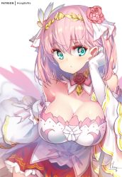 Rule 34 | 1girl, bare shoulders, blue eyes, blurry, blush, breasts, cleavage, depth of field, detached sleeves, dress, elbow gloves, flower, gloves, hair flower, hair ornament, hairband, hong (white spider), large breasts, long sleeves, looking at viewer, pink hair, princess connect!, puffy sleeves, red skirt, short hair, skirt, solo, white dress, white gloves, wide sleeves, yui (princess) (princess connect!), yui (princess connect!)