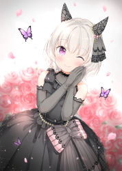 Rule 34 | 1girl, ;), animal, animal ears, black dress, blurry, blurry background, blush, bow, bug, butterfly, closed mouth, commentary request, curren chan (sakutsuki ma cherie) (umamusume), curren chan (umamusume), depth of field, dress, elbow gloves, flower, gloves, grey background, grey gloves, grey hair, hair between eyes, hands up, horse ears, insect, looking at viewer, one eye closed, petals, pink bow, purple eyes, red flower, red rose, rose, rose petals, sleeveless, sleeveless dress, smile, solo, striped, striped bow, the promised time: silks &amp; three riddles (umamusume), umamusume, wataame27, wedding dress