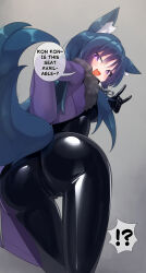 Rule 34 | !?, 1girl, animal ear fluff, animal ears, ass, black bodysuit, blue hair, bodysuit, fox shadow puppet, grey background, highres, latex, latex bodysuit, long hair, looking at viewer, maguro27, original, purple eyes, shiny clothes, skin tight, solo, speech bubble, tail