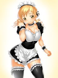 Rule 34 | 10s, 1girl, alternate costume, apron, black thighhighs, blonde hair, blush, breasts, choker, cleavage, collarbone, drill hair, enmaided, face, frilled thighhighs, frills, hair ornament, highres, lace, lace-trimmed legwear, lace trim, large breasts, mahou shoujo madoka magica, mahou shoujo madoka magica (anime), maid, maid apron, maid headdress, onsoku inu, skirt, smile, solo, thighhighs, thighs, tomoe mami, twin drills, twintails, wallpaper, wrist cuffs, yellow eyes, zettai ryouiki