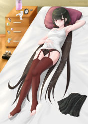 Rule 34 | 1girl, alarm clock, arm up, armpits, artist name, black hair, black panties, black skirt, blunt bangs, blush, boots, unworn boots, bow, bow panties, breasts, brown footwear, chest of drawers, clock, closed mouth, danganronpa (series), danganronpa v3: killing harmony, english text, feet, from above, full body, garter straps, hand on own stomach, harukawa maki, highres, lace, lace panties, long hair, looking at viewer, low twintails, lying, medium breasts, monokuma, newovermind, no shoes, on back, on bed, panties, pillow, pleated skirt, red eyes, red thighhighs, shirt, skirt, unworn skirt, sleeveless, sleeveless shirt, sticker, tank top, thighhighs, toeless legwear, toes, twintails, underwear, very long hair, white shirt, wooden floor