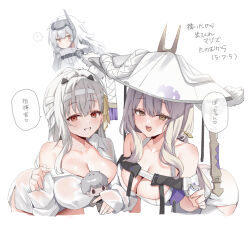 Rule 34 | 3girls, :d, ?, bare shoulders, breasts, character doll, closed mouth, commander (nikke), cup, doll, goddess of victory: nikke, grey hair, grin, hat, highres, holding, holding cup, holding doll, large breasts, long hair, looking at viewer, modernia (first affection) (nikke), modernia (nikke), multiple girls, open mouth, orange eyes, red eyes, robe, scarlet (nikke), shirt, simple background, sleeves past wrists, smile, snow white (nikke), speech bubble, spoken question mark, stuffed toy, translation request, white background, white hair, white robe, white shirt, yatanukikey, yellow eyes