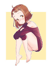 Rule 34 | 1girl, absurdres, ahoge, ass, bare shoulders, barefoot, blush, body freckles, border, brown eyes, brown hair, eyebrows, feet, female focus, freckles, full body, highres, leims (urje8584), looking at viewer, medium hair, open mouth, original, short hair, simple background, solo, toes, white border