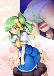 Rule 34 | 1boy, 1girl, :q, ^^^, afterimage, ascot, ass, blue skirt, blue vest, blush, bow, cameltoe, chima q, comic, commentary request, daiyousei, eyes visible through hair, face in crotch, fairy wings, flailing, frilled shirt collar, frills, green eyes, green hair, green panties, hair bow, head under skirt, hetero, highres, long hair, panties, puffy short sleeves, puffy sleeves, shirt, short sleeves, side ponytail, skirt, skirt set, smile, textless version, tongue, tongue out, touhou, under skirt, underwear, vest, white shirt, wings, yellow ascot, yellow bow