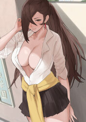 Rule 34 | 1girl, alternate costume, black skirt, blush, breasts, brown hair, cleavage, clothes around waist, collarbone, collared shirt, commentary, commission, cowboy shot, earrings, english commentary, fire emblem, fire emblem fates, hair over one eye, heart, heart earrings, highres, jewelry, kagero (fire emblem), large breasts, long hair, miniskirt, mixed-language commentary, nintendo, oyatsu 0, partially unbuttoned, playing with own hair, pleated skirt, school uniform, shadow, shirt, skirt, sleeves rolled up, solo, sweater, sweater around waist, very long hair, white shirt, yellow sweater