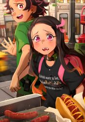 Rule 34 | 1boy, 1girl, absurdres, backpack, bag, black hair, black shirt, blush, breasts, brother and sister, building, bus, car, collar, commentary, double-decker bus, drooling, english commentary, english text, fangs, from behind, gradient hair, green shirt, hair ribbon, highres, holding hands, hot dog, hungry, kamado nezuko, kamado tanjirou, khyle., kimetsu no yaiba, long hair, looking at viewer, looking back, motion blur, motion lines, motor vehicle, multicolored hair, mustard, open mouth, orange hair, outdoors, patreon username, pink bag, pink eyes, pink ribbon, print shirt, ribbon, saliva, scar, scar on face, scar on forehead, shirt, shock collar, short sleeves, siblings, small breasts, standing, teeth, traffic cone, upper body, upper teeth only, walkie-talkie, watermark, web address