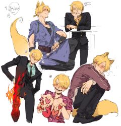 Rule 34 | 1boy, animal ear fluff, animal ears, bishounen, black pants, black suit, blonde hair, blue eyes, blush, cigarette, coat, curly eyebrows, facial hair, formal, fox boy, fox ears, hair over one eye, highres, japanese clothes, lampppppw, looking at viewer, male focus, one piece, pants, sanji (one piece), smile, suit