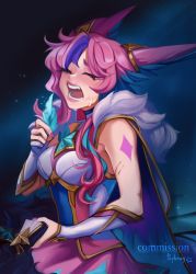 Rule 34 | 1girl, animal ears, artist name, bare shoulders, blue hair, breasts, cape, closed eyes, commission, feathers, gem, green background, green cape, highres, holding, holding feather, large breasts, league of legends, long hair, open mouth, peghmey, pink hair, pink skirt, purple hair, shoulder tattoo, skirt, solo focus, star guardian xayah, tattoo, tears, teeth, tongue, xayah