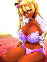 Rule 34 | 1girl, alternate skin color, blonde hair, blush, bow, bra, breasts, cleavage, commentary request, dark-skinned female, dark skin, ganguro, hair bow, hair intakes, head tilt, highres, huge breasts, lace, lace-trimmed bra, lace trim, long hair, looking at viewer, love live!, love live! school idol project, minami kotori, navel, on bed, one side up, open clothes, open shirt, panties, purple bra, purple panties, shirt, sitting, sleeves pushed up, solo, tokyo (great akuta), underwear, yellow eyes, yokozuwari