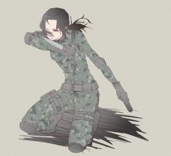 Rule 34 | 1girl, beige background, boots, brown eyes, brown hair, camouflage, caroline floyd, gloves, gun, knife, kotowa4010, long hair, low ponytail, military, military uniform, resident evil, resident evil: operation raccoon city, solo, uniform, weapon