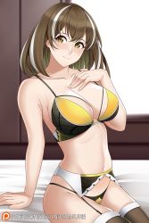 Rule 34 | 1girl, adapted costume, arknights, armpit crease, aslindsamure, bed, bikini, blush, breasts, brown hair, brown thighhighs, cleavage, closed mouth, collarbone, commentary, cowboy shot, english commentary, garter belt, garter straps, hair between eyes, hand on own chest, highres, indoors, large breasts, looking at viewer, magallan (arknights), medium hair, midriff, multicolored hair, navel, patreon username, sitting, smile, solo, streaked hair, swimsuit, thighhighs, thighs, two-tone hair, white hair, yellow bikini, yellow eyes