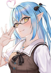 Rule 34 | 1girl, absurdres, adjusting eyewear, ahoge, bespectacled, black-framed eyewear, black bow, blush, bow, closed mouth, ebinomi, elf, frilled sleeves, frills, glasses, hair bow, hair ornament, hand up, heart, heart ahoge, highres, hololive, long hair, looking at viewer, necktie, one side up, pointy ears, puffy short sleeves, puffy sleeves, sailor collar, short sleeves, simple background, smile, snowflake hair ornament, solo, upper body, virtual youtuber, white background, white sailor collar, yellow eyes, yukihana lamy, yukihana lamy (casual)