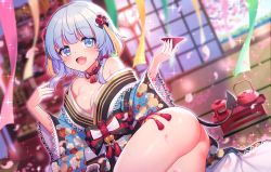 Rule 34 | 1girl, absurdres, ass, bare legs, blue eyes, blue hair, breasts, cleavage, cup, demon girl, demon tail, eyebrows hidden by hair, highres, hinamatsuri, hoshina meito, japanese clothes, kimono, looking at viewer, lying, makura chio, off shoulder, official art, open clothes, open mouth, sakazuki, short hair, smile, solo, tail, tatami, unreal night girls, virtual youtuber