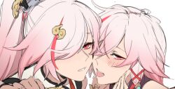 Rule 34 | 2girls, alternate eye color, alternate hair color, bare shoulders, blush, chinese clothes, commentary, english commentary, fu hua, fu hua (azure empyrea), fu hua (phoenix), hair ornament, hair over one eye, hand on another&#039;s cheek, hand on another&#039;s face, high ponytail, honkai (series), honkai impact 3rd, long hair, maiqo, multicolored hair, multiple girls, open mouth, parted lips, red eyes, red hair, simple background, streaked hair, teeth, tongue, tongue out, upper body, upper teeth only, white background, white hair, x hair ornament