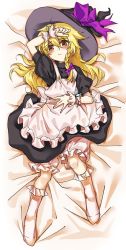 Rule 34 | 1girl, apron, black dress, blonde hair, bloomers, blush, bobby socks, dress, frown, hand on forehead, hand on own stomach, hat, hat ribbon, kirisame marisa, lying, manarou, on back, on bed, ribbon, socks, solo, embodiment of scarlet devil, touhou, underwear, wavy hair, witch hat, wrist cuffs, yellow eyes