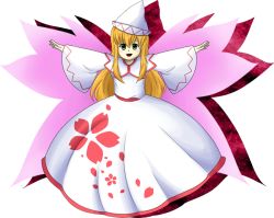 Rule 34 | 1girl, blonde hair, dress, facing viewer, fairy wings, floral print, flower, green eyes, hair flower, hair ornament, hat, lily white, long hair, outstretched arms, petals, pink flower, smile, solo, touhou, white dress, white hat, wings, zieghost, zun (style)