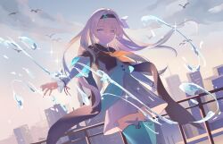 Rule 34 | 1girl, black cape, black hairband, black jacket, blue thighhighs, cape, city, cloud, collared shirt, cowboy shot, cropped jacket, day, dutch angle, firefly (honkai: star rail), floating hair, grey skirt, hair intakes, hairband, highres, honkai: star rail, honkai (series), jacket, long hair, long sleeves, looking at viewer, neckerchief, orange neckerchief, otowa, outdoors, outstretched arm, pleated skirt, railing, shirt, simple bird, skirt, solo, sparkle, thighhighs, water, white shirt, zettai ryouiki