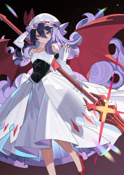 Rule 34 | 1girl, alternate costume, alternate hair length, alternate hairstyle, bare shoulders, closed mouth, detached sleeves, dress, falken (yutozin), gloves, hair between eyes, hat, highres, holding, holding polearm, holding weapon, lance, long hair, looking at viewer, mob cap, pointy ears, polearm, purple hair, red eyes, red footwear, red wings, remilia scarlet, shoes, smile, solo, touhou, weapon, white dress, white gloves, white hat, wings