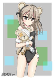 Rule 34 | 10s, 1girl, alternate costume, animal ears, bandages, bear ears, bear tail, black leotard, black ribbon, boko (girls und panzer), brown eyes, cast, closed mouth, commentary, cowboy shot, cropped legs, dated, flipper, frown, girls und panzer, hair ribbon, holding, holding stuffed toy, leotard, light brown hair, long hair, looking at viewer, one-hour drawing challenge, ribbon, scar, shimada arisu, side ponytail, solo, standing, strapless, strapless leotard, stuffed animal, stuffed toy, tail, teddy bear, twitter username, wrist cuffs