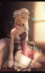 Rule 34 | 1girl, arm support, blonde hair, breasts, bug, butterfly, choker, cjmy, cleavage, collarbone, detached sleeves, earrings, hat, highres, bug, jewelry, letterboxed, long hair, medium breasts, nail polish, off shoulder, red eyes, red nails, sitting, solo, torn clothes, touhou, yakumo yukari, yokozuwari