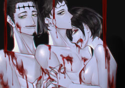 Rule 34 | 1girl, 2boys, absurdres, black background, black clover, black hair, blood, blood in mouth, blood on face, blood on hands, blue eyes, breasts, brother and sister, brothers, collarbone, convenient censoring, dante zogratis, expressionless, extra hands, facial hair, facial mark, frit 2, goatee, green eyes, grin, highres, incest, looking at viewer, multiple boys, mustache, red eyes, short hair, siblings, sideboob, sideburns, sideways glance, sideways mouth, single sidelock, smile, smirk, tongue, tongue out, topless, topless male, upper body, vanica zogratis, zenon zogratis