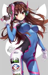 Rule 34 | 1girl, 2017, animal print, arm at side, armor, artist name, blue bodysuit, bodysuit, boots, bracer, breasts, breasts apart, brown eyes, brown hair, charm (object), covered navel, cowboy shot, d.va (overwatch), dated, emblem, facepaint, facial mark, gloves, gun, hair between eyes, hand up, handgun, headphones, holding, holding gun, holding weapon, legs apart, logo, long hair, looking at viewer, medium breasts, overwatch, overwatch 1, parted lips, pauldrons, pilot suit, pink lips, pinkori, rabbit print, ribbed bodysuit, shoulder armor, shoulder pads, signature, skin tight, solo, standing, thigh boots, thigh strap, thighhighs, turtleneck, weapon, whisker markings, white footwear, white gloves