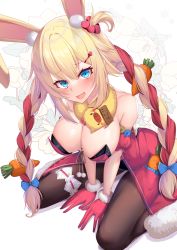 Rule 34 | :d, akai haato, animal ears, black pantyhose, blonde hair, blue eyes, braid, breasts, carrot hair ornament, cleavage, cosplay, fang, food-themed hair ornament, gloves, haaton (akai haato), hair ornament, highres, hololive, large breasts, leotard, open mouth, pantyhose, playboy bunny, rabbit ears, red gloves, simple background, sitting, smile, solo, twin braids, usada pekora, usada pekora (1st costume), usada pekora (cosplay), virtual youtuber, wariza, yoshiheihe