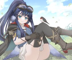 Rule 34 | animal, animal ears, arknights, ass, astgenne (arknights), bird, bird ears, bird tail, black gloves, black thighhighs, blue eyes, blue hair, blush, boots, buckle, commentary request, gloves, goggles, goggles on head, high heel boots, high heels, knees up, long hair, looking at viewer, outdoors, ponytail, rhine lab logo, smile, tail, thighhighs, tififox