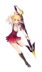 Rule 34 | 1girl, absurdres, arm up, armband, blonde hair, boots, brown footwear, cross-laced footwear, full body, high ponytail, highres, holding, holding sword, holding weapon, huge weapon, incredibly absurdres, knee boots, lace-up boots, long hair, looking at viewer, official art, omega labyrinth, pleated skirt, shirogane mirei, simple background, skirt, smile, solo, sword, tousaki umiko, underbust, weapon, white background