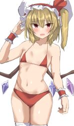Rule 34 | 1girl, bare shoulders, bikini, blonde hair, blush, breasts, cowboy shot, crystal, fang, flandre scarlet, furrowed brow, golgi hon, hair between eyes, hand up, hat, highres, leaning to the side, looking at viewer, mob cap, navel, one side up, open mouth, red bikini, red eyes, red ribbon, ribbon, simple background, skin fang, small breasts, solo, swimsuit, thighhighs, touhou, tsurime, white background, white hat, white thighhighs, wings, wrist cuffs