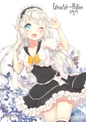 Rule 34 | 1girl, ;d, \m/, bad id, bad pixiv id, blue eyes, blush, bow, character request, copyright request, dress, earrings, fang, finger to face, frilled dress, frills, goyain, hairband, jewelry, korean text, lolita hairband, long hair, one eye closed, open mouth, pointy ears, silver hair, smile, solo, thighhighs