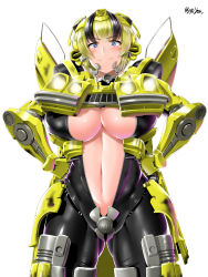 Rule 34 | 1girl, armor, autobot, black bodysuit, black hair, blonde hair, blue eyes, blush, bodysuit, breasts, bumblebee, catsuit, center opening, commentary request, cowboy shot, full-length zipper, gluteal fold, hands on own hips, headgear, highres, insignia, large breasts, latex, looking at viewer, machinery, mecha musume, multicolored hair, navel, personification, saizu nitou gunsou, short hair, sidelocks, simple background, skin tight, smile, solo, standing, stomach, transformers, transformers (2007 film), transformers (live action), twitter username, two-tone hair, underboob, unzipped, wheel, white background, yellow armor, zipper