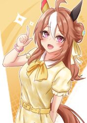 Rule 34 | 1girl, absurdres, ahoge, animal ears, bow, bracelet, breasts, brown hair, commentary request, copano rickey (umamusume), double bun, dress, ear covers, ear ornament, fang, hair bun, highres, horse ears, horse girl, horse tail, jewelry, long hair, medium breasts, multicolored hair, open mouth, pink eyes, pointing, pointing up, puffy short sleeves, puffy sleeves, shinonome (shinonome rynn), short sleeves, skin fang, smile, solo, streaked hair, tail, umamusume, white hair, yellow background, yellow bow, yellow dress