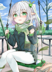 Rule 34 | 1girl, absurdres, alternate costume, backpack, bag, black coat, blue sky, blurry, blush, cloud, cloudy sky, coat, commentary request, contemporary, depth of field, genshin impact, gradient hair, green eyes, hair between eyes, hair ornament, highres, knees together feet apart, long hair, long sleeves, looking at viewer, multicolored hair, nahida (genshin impact), pantyhose, park, parted lips, plaid, plaid scarf, plaid skirt, pleated skirt, pointy ears, ribbed sweater, scarf, side ponytail, sidelocks, sitting, skirt, sky, solo, sweater, swing, symbol-shaped pupils, tobikaze89, tree, white hair, white pantyhose