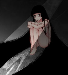 Rule 34 | 1girl, absurdly long hair, aoshima, bags under eyes, barefoot, black background, black hair, breasts, bruise, bug, empty eyes, full body, highres, hime cut, houraisan kaguya, injury, knees to chest, hugging own legs, legs together, light rays, long hair, nude, pale skin, scar, shadow, silhouette, simple background, sitting, solo, spider, touhou, very long hair