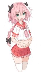 Rule 34 | 1boy, astolfo (fate), astolfo (sailor paladin) (fate), blush, braid, commentary request, fang, fate/apocrypha, fate/grand order, fate (series), goekawa, hair ribbon, long hair, looking at viewer, male focus, navel, neckerchief, official alternate costume, open mouth, pink hair, pleated skirt, purple eyes, red skirt, ribbon, school uniform, serafuku, short sleeves, simple background, single braid, skirt, solo, standing, thighhighs, trap, white background, white thighhighs