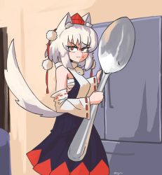 Rule 34 | 1girl, animal ears, black skirt, breasts, chest sarashi, closed mouth, comically large spoon (meme), commentary, commission, cowboy shot, detached sleeves, doce, english commentary, hat, highres, holding, holding spoon, inubashiri momiji, looking at viewer, medium breasts, medium hair, meme, oversized object, pom pom (clothes), red eyes, red skirt, refrigerator, ribbon-trimmed sleeves, ribbon trim, sarashi, shirt, skirt, sleeveless, sleeveless shirt, smile, solo, spoon, tail, tokin hat, touhou, turtleneck, two-tone skirt, white hair, white shirt, wolf ears, wolf tail