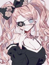 Rule 34 | 1girl, 3j dangan, :3, alternate costume, alternate hair ornament, alternate hairstyle, bare shoulders, black bow, black jacket, black shirt, blonde hair, bow, breasts, closed mouth, collarbone, commentary request, danganronpa: trigger happy havoc, danganronpa (series), enoshima junko, eyepatch, floral print, grey background, hair bow, highres, jacket, large breasts, long hair, long sleeves, messy hair, shirt, simple background, smile, solo, twintails, upper body, v, v over eye