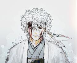 Rule 34 | 1boy, artist name, blood, blood on face, closed mouth, dated, gintama, godzillapigeon1, grey background, grey kimono, hair between eyes, half-closed eyes, haori, headband, japanese clothes, kimono, looking at viewer, male focus, monochrome, red eyes, sakata gintoki, signature, simple background, sketch, solo, straight-on, upper body, watermark, white hair