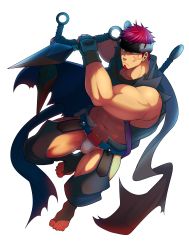 Rule 34 | 1boy, absurdres, bara, beard, black headband, bulge, cape, character name, clothing cutout, crotchless, crotchless pants, crow (siranui), facial hair, full body, green eyes, gyee, headband, highres, hip vent, kunai, looking at viewer, male focus, muscular, muscular male, musso (gyee), navel, oversized object, pants, red hair, solo, standing, thick thighs, thigh cutout, thighs, transparent background, weapon